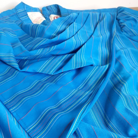 Vintage Teal Blue Striped Ruffle Neck 3/4 Sleeve Midi Dress - Picture 13 of 13